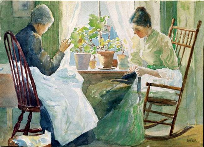 2 femmes cousant par Julian Alden Weir